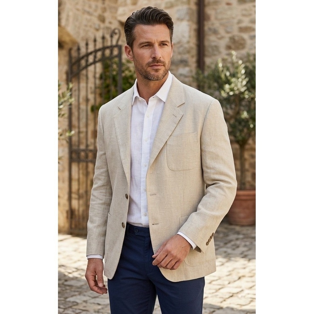 Perry Ellis Linen Three Button Blazer Sport Coat Jacket Formal Office Beige XL
